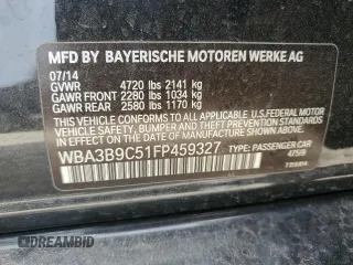 2015 BMW 3 Series 335i xDrive with VIN WBA3B9C51FP459327, listed as a Copart auction lot 50722795 with 58,275 mi miles and Salvage title. Bid and sale history available at DreamBid. Image 12.