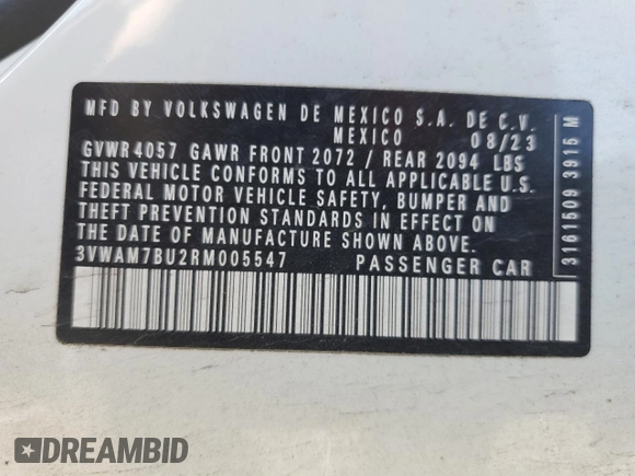 2024 Volkswagen Jetta Sport with VIN 3VWAM7BU2RM005547, listed as a Copart auction lot 48396515 with Not provided miles and Non repairable. Bid and sale history available at DreamBid. Image 12.