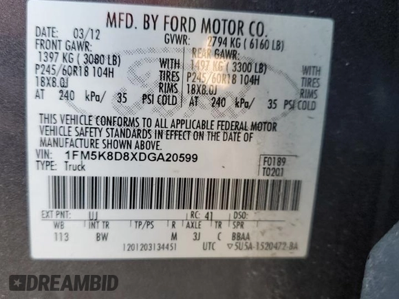 2013 Ford Explorer XLT with VIN 1FM5K8D8XDGA20599, listed as a Copart auction lot 52207005 with 171,516 mi miles and Salvage Title. Bid and sale history available at DreamBid. Image 15.