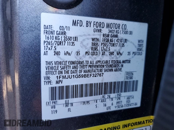 2011 Ford Expedition XL z VIN 1FMJU1G59BEF32767, wystawiony jako Copart lot #43025105 z przebiegiem 162 473 mil mil oraz Szkoda całkowita • Salvage title. Historia ofert i sprzedaży dostępna na DreamBid. Obrazek 13.