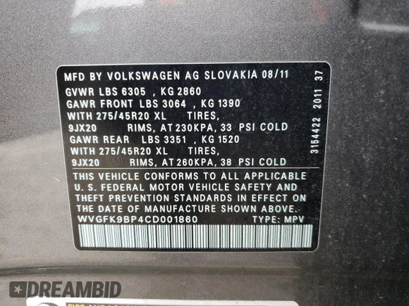 2012 Volkswagen Touareg Sport with VIN WVGFK9BP4CD001860, listed as a Copart auction lot 55090375 with 153,456 mi miles and Salvage title. Bid and sale history available at DreamBid. Image 13.