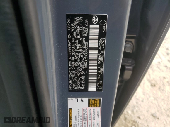 2024 Toyota Prius LE with VIN JTDADABU2R3018008, listed as a Copart auction lot 51085755 with 855 mi miles and Salvage Title. Bid and sale history available at carsss.com. Image 12.