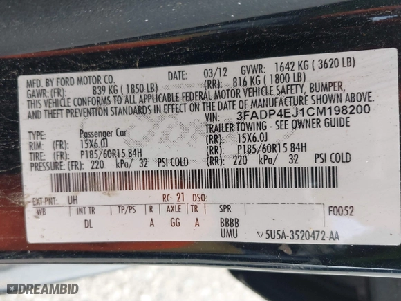 2012 Ford Fiesta SE with VIN 3FADP4EJ1CM198200, listed as a IAAI auction lot 41594167 with 1 mi miles. Bid and sale history available at carsss.com. Image 9.