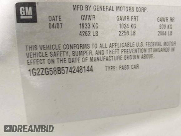 2007 Pontiac G6 with VIN 1G2ZG58B574248144, listed as a IAAI auction lot 42014849 with 174,846 mi miles. Bid and sale history available at carsss.com. Image 9.