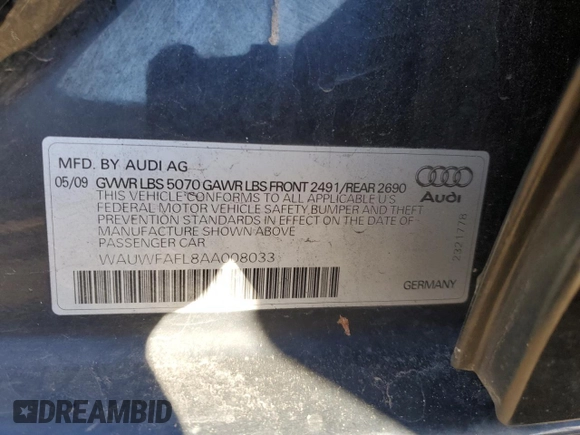 2010 Audi A4 2.0T Premium Plus with VIN WAUWFAFL8AA008033, listed as a Copart auction lot 80919544 with 123,939 mi miles and Salvage Title. Bid and sale history available at carsss.com. Image 14.