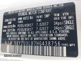 2017 Hyundai Santa Fe 2.4L z VIN 5XYZU3LB7HG438756, wystawiony jako IAAI lot #41480791 z przebiegiem 138 392 mil mil oraz . Historia ofert i sprzedaży dostępna na DreamBid. Obrazek 9.
