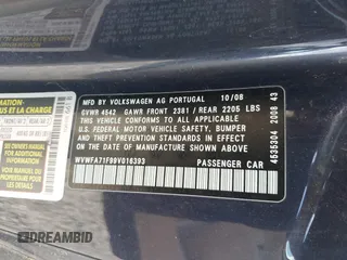 2009 Volkswagen Eos Lux with VIN WVWFA71F99V016393, listed as a IAAI auction lot 42081407 with 158,447 mi miles and . Bid and sale history available at DreamBid. Image 9.