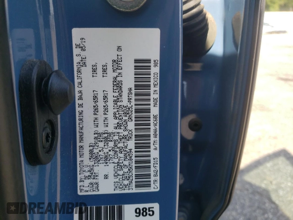 2019 Toyota Tacoma SR5 with VIN 3TMAZ5CN5KM104594, listed as a Copart auction lot 62704195 with 96,569 mi miles and Clean title. Bid and sale history available at DreamBid. Image 12.