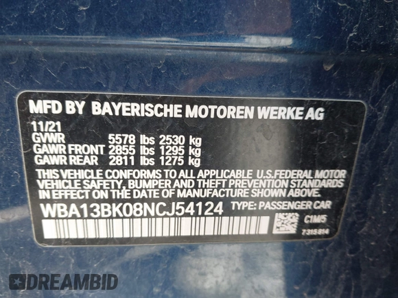 2022 BMW 5 Series M550i xDrive with VIN WBA13BK08NCJ54124, listed as a IAAI auction lot 41977413 with Not provided miles and . Bid and sale history available at DreamBid. Image 9.