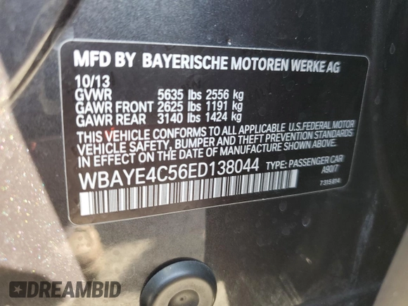 2014 BMW 7 Series 740Li with VIN WBAYE4C56ED138044, listed as a Copart auction lot 74859434 with 110,209 mi miles and Clean Title. Bid and sale history available at carsss.com. Image 13.