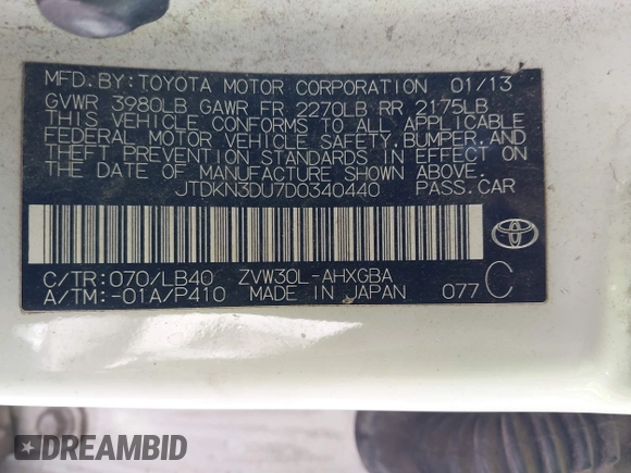 2013 Toyota Prius One with VIN JTDKN3DU7D0340440, listed as a IAAI auction lot 41940223 with 177,542 mi miles. Bid and sale history available at carsss.com. Image 9.