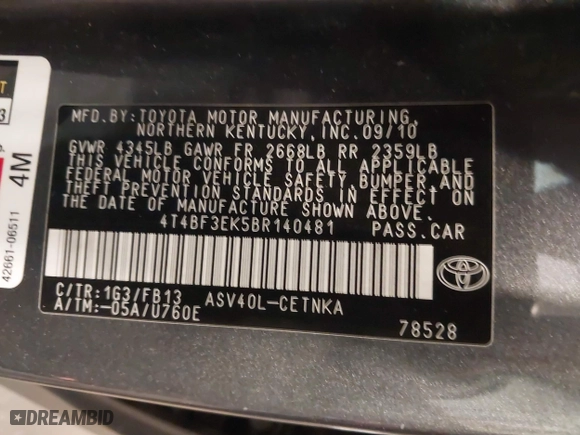 2011 Toyota Camry LE with VIN 4T4BF3EK5BR140481, listed as a IAAI auction lot 41712842 with 123,716 mi miles. Bid and sale history available at carsss.com. Image 9.