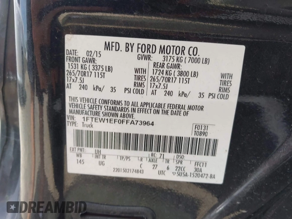 2015 Ford F-150 XLT z VIN 1FTEW1EF0FFA73964, wystawiony jako IAAI lot #42653691 z przebiegiem 129 866 mil mil oraz . Historia ofert i sprzedaży dostępna na DreamBid. Obrazek 9.