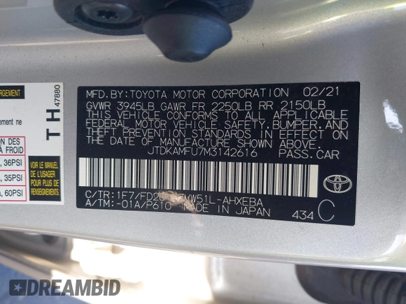 2021 Toyota Prius L Eco with VIN JTDKAMFU7M3142616, listed as a IAAI auction lot 42755833 with 40,542 mi miles and . Bid and sale history available at DreamBid. Image 9.