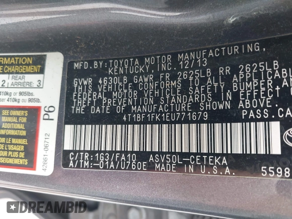 2014 Toyota Camry L with VIN 4T1BF1FK1EU771679, listed as a IAAI auction lot 42090764 with 216,362 mi miles and . Bid and sale history available at DreamBid. Image 9.