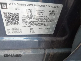 2019 Chevrolet Equinox LS with VIN 3GNAXHEV1KL307516, listed as a IAAI auction lot 42116355 with 98,814 mi miles and . Bid and sale history available at carsss.com. Image 9.