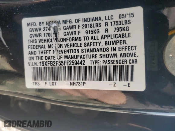 2015 Honda Civic Sedan LX with VIN 19XFB2F55FE259442, listed as a Copart auction lot 43246975 with 87,205 mi miles and Salvage Title. Bid and sale history available at carsss.com. Image 12.