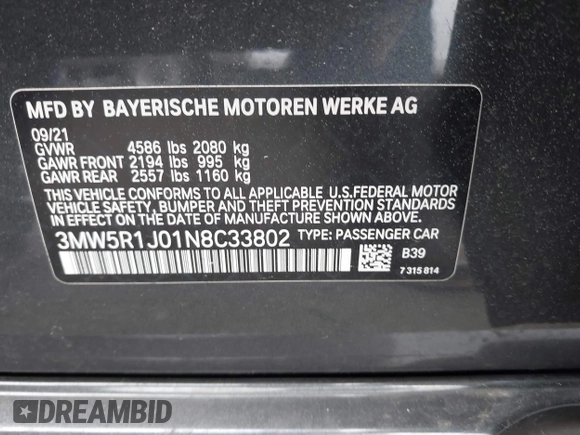 2022 BMW 3 Series 330i z VIN 3MW5R1J01N8C33802, wystawiony jako IAAI lot #41856666 z przebiegiem 41 095 mil mil oraz . Historia ofert i sprzedaży dostępna na DreamBid. Obrazek 9.