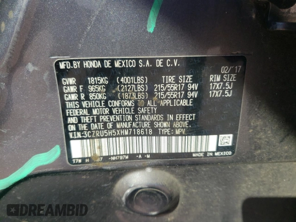 2017 Honda HR-V EX with VIN 3CZRU5H5XHM718618, listed as a Copart auction lot 47957185 with 132,759 mi miles and Salvage Title. Bid and sale history available at carsss.com. Image 14.