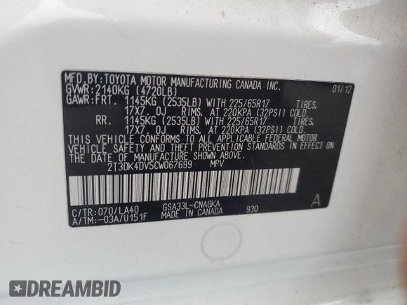 2012 Toyota RAV4 Limited z VIN 2T3DK4DV5CW067699, wystawiony jako Copart lot #64830305 z przebiegiem 196 241 mil mil oraz Szkoda całkowita • Salvage title. Historia ofert i sprzedaży dostępna na DreamBid. Obrazek 13.
