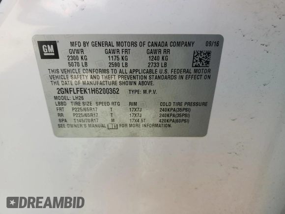 2017 Chevrolet Equinox LT with VIN 2GNFLFEK1H6200362, listed as a Copart auction lot 56155905 with 131,877 mi miles and Non Repairable. Bid and sale history available at DreamBid. Image 13.