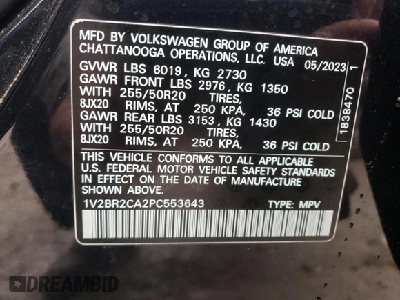 2023 Volkswagen Atlas SEL с VIN 1V2BR2CA2PC553643, выставлен на аукционе Copart как лот 86554434 с пробегом 16 257 миль миль и На запчасти • Non repairable. История ставок и продаж доступна на DreamBid. Изображение 16.