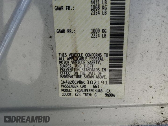 2017 Nissan LEAF SV with VIN 1N4BZ0CP8HC302191, listed as a Copart auction lot 52509755 with 58,852 mi miles and Salvage title. Bid and sale history available at DreamBid. Image 14.