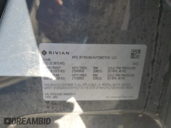 2022 Rivian R1S Launch Edition with VIN 7PDSGABL1NN000514, listed as a Copart auction lot 77444184 with 29,490 mi miles and Salvage Title. Bid and sale history available at DreamBid. Image 12.