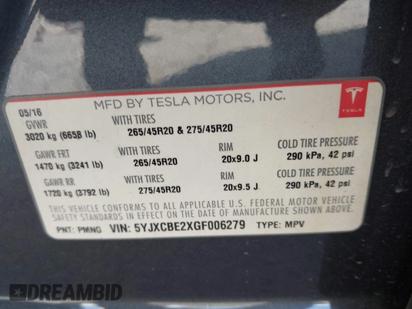 2016 Tesla Model X 70D with VIN 5YJXCBE2XGF006279, listed as a IAAI auction lot 41712973 with 88,398 mi miles and . Bid and sale history available at DreamBid. Image 9.