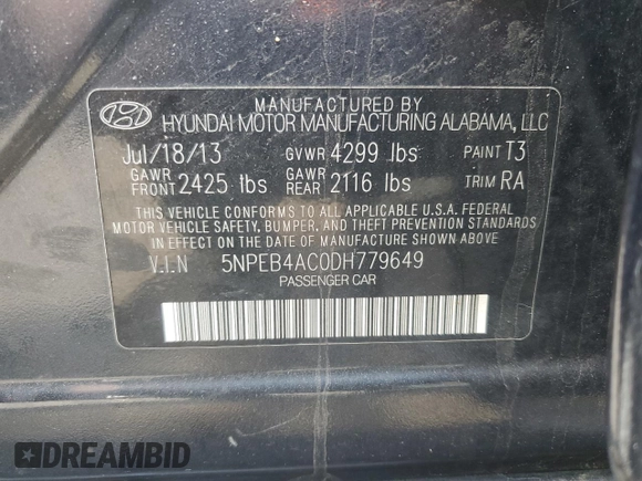 2013 Hyundai Sonata GLS z VIN 5NPEB4AC0DH779649, wystawiony jako Copart lot #56739095 z przebiegiem Nie podano mil oraz Czysty tytuł • Clean title. Historia ofert i sprzedaży dostępna na DreamBid. Obrazek 12.