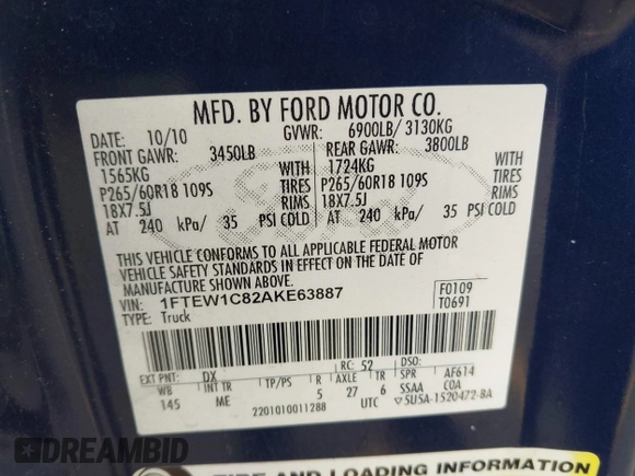 2010 Ford F-150 XL with VIN 1FTEW1C82AKE63887, listed as a IAAI auction lot 40321722 with 240,346 mi miles. Bid and sale history available at carsss.com. Image 9.