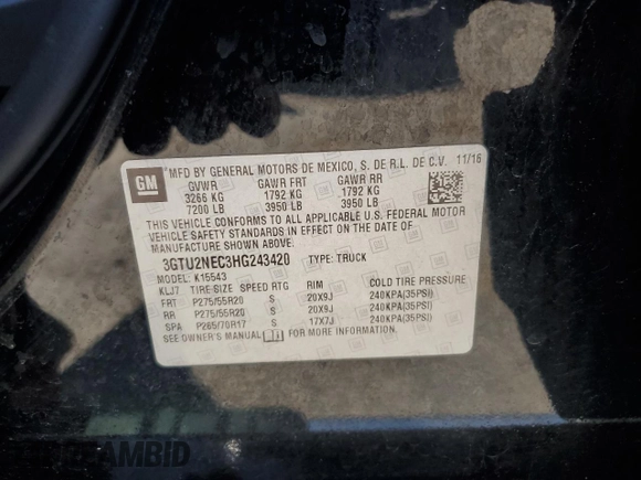 2017 GMC Sierra 1500 SLT z VIN 3GTU2NEC3HG243420, wystawiony jako Copart lot #56548695 z przebiegiem 178 072 mil mil oraz Tytuł czysty. Historia ofert i sprzedaży dostępna na DreamBid. Obrazek 12.