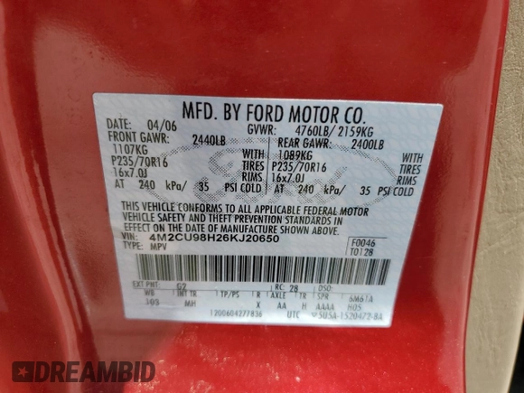 2006 Mercury Mariner Hybrid z VIN 4M2CU98H26KJ20650, wystawiony jako Copart lot #57728915 z przebiegiem 178 130 mil mil oraz Szkoda całkowita • Salvage title. Historia ofert i sprzedaży dostępna na DreamBid. Obrazek 14.
