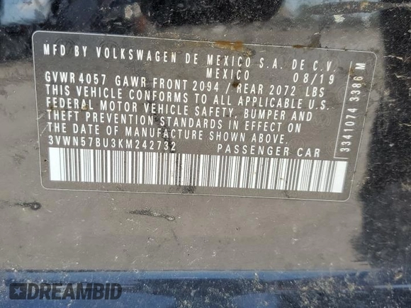 2019 Volkswagen Jetta S with VIN 3VWN57BU3KM242732, listed as a Copart auction lot 55691655 with 62,699 mi miles and Clean title. Bid and sale history available at DreamBid. Image 12.