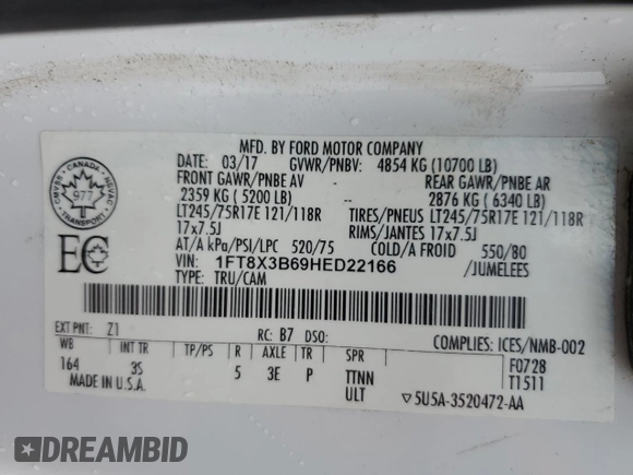2017 Ford F-350 XL with VIN 1FT8X3B69HED22166, listed as a Copart auction lot 65051355 with 260,728 mi miles and Salvage title. Bid and sale history available at DreamBid. Image 12.