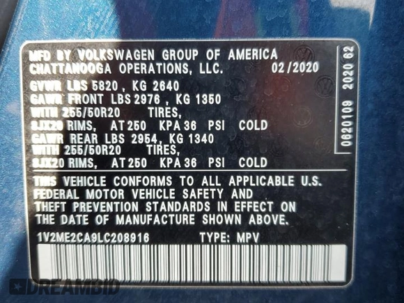 2020 Volkswagen Atlas SEL with VIN 1V2ME2CA9LC208916, listed as a Copart auction lot 58592685 with 111,216 mi miles and Salvage title. Bid and sale history available at DreamBid. Image 13.