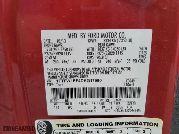 2013 Ford F-150 XL with VIN 1FTFW1EF4DKG17990, listed as a Copart auction lot 48213055 with 140,130 mi miles and Salvage Title. Bid and sale history available at carsss.com. Image 13.