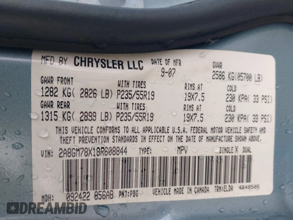 2008 Chrysler Pacifica with VIN 2A8GM78X18R608844, listed as a IAAI auction lot 41799356 with 102,382 mi miles and . Bid and sale history available at DreamBid. Image 9.