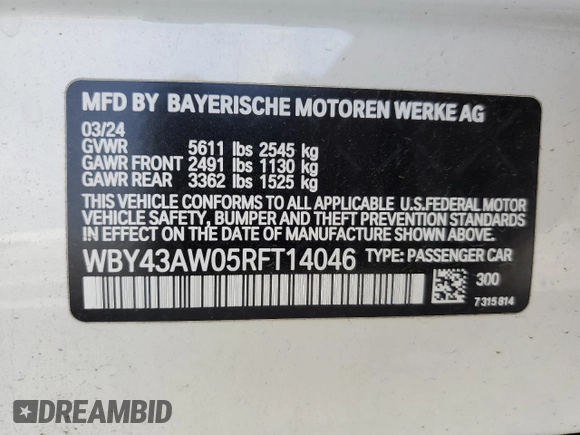 2024 BMW i4 eDrive35 z VIN WBY43AW05RFT14046, wystawiony jako Copart lot #54940645 z przebiegiem 6 456 mil mil oraz Szkoda całkowita • Salvage title. Historia ofert i sprzedaży dostępna na DreamBid. Obrazek 13.