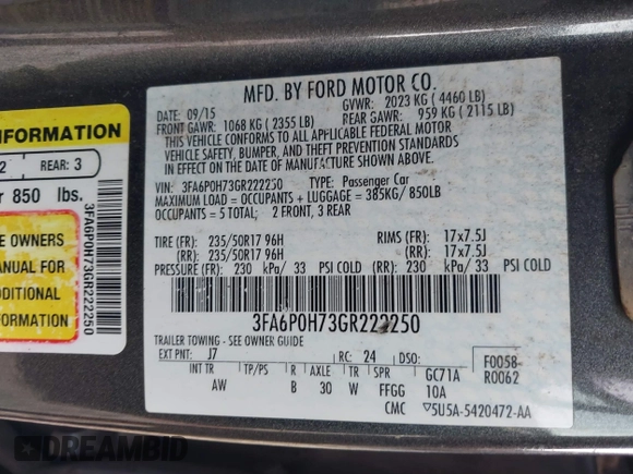 2016 Ford Fusion SE with VIN 3FA6P0H73GR222250, listed as a IAAI auction lot 42083236 with 220,365 mi miles and . Bid and sale history available at carsss.com. Image 9.