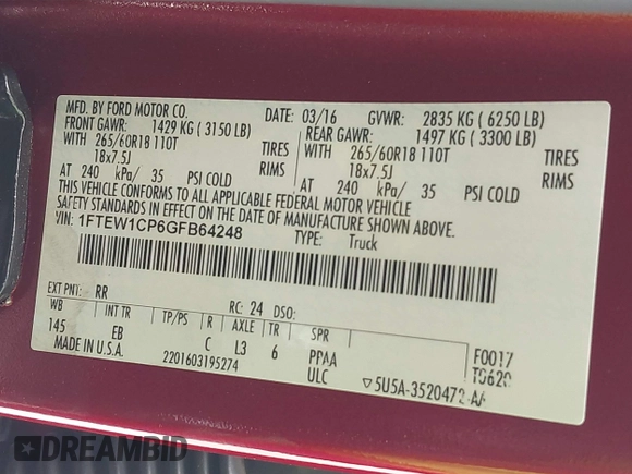 2016 Ford F-150 XL с VIN 1FTEW1CP6GFB64248, выставлен на аукционе IAAI как лот 42479935 с пробегом 126 583 миль миль и . История ставок и продаж доступна на DreamBid. Изображение 9.