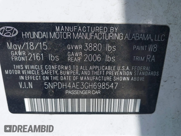 2016 Hyundai Elantra SE with VIN 5NPDH4AE3GH698547, listed as a IAAI auction lot 42564630 with 100,565 mi miles and . Bid and sale history available at DreamBid. Image 9.