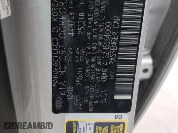 2017 Kia Optima LX with VIN KNAGT4L32H5154000, listed as a Copart auction lot 46336705 with 116,722 mi miles and Salvage Title. Bid and sale history available at carsss.com. Image 13.