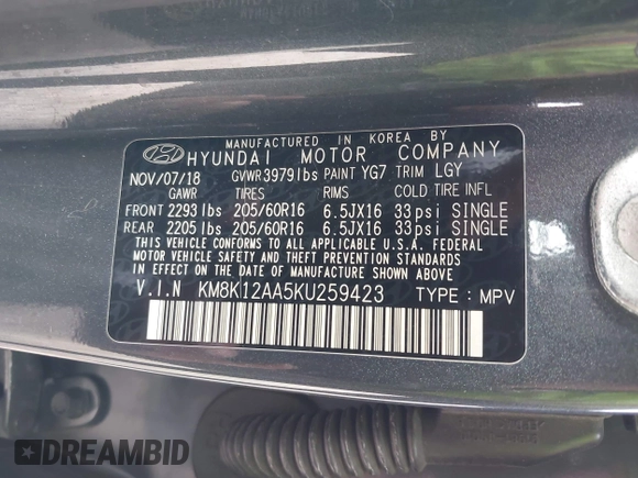 2019 Hyundai Kona SE with VIN KM8K12AA5KU259423, listed as a IAAI auction lot 41984447 with 109,266 mi miles and . Bid and sale history available at carsss.com. Image 9.