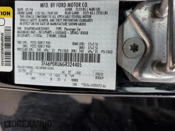 2016 Ford Fusion Titanium Hybrid with VIN 3FA6P0RU6GR324405, listed as a Copart auction lot 51382585 with 0 mi miles and Salvage Title. Bid and sale history available at carsss.com. Image 13.