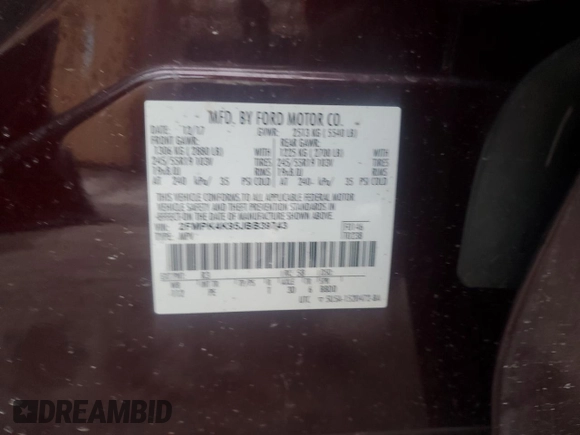 2018 Ford Edge Titanium with VIN 2FMPK4K95JBB39743, listed as a Copart auction lot 46539345 with 0 mi miles and Salvage Title. Bid and sale history available at carsss.com. Image 14.