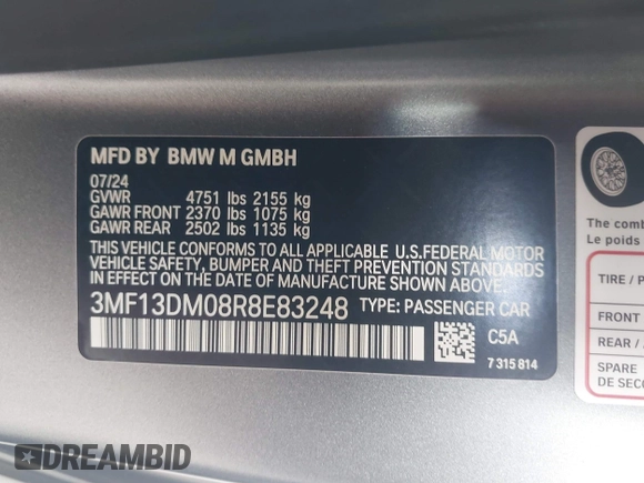 2024 BMW M2 z VIN 3MF13DM08R8E83248, wystawiony jako IAAI lot #42272913 z przebiegiem 4 647 mil mil oraz . Historia ofert i sprzedaży dostępna na DreamBid. Obrazek 9.