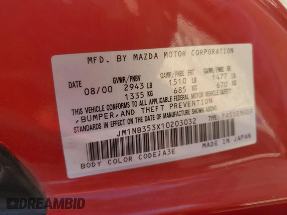 2001 Mazda MX-5 Miata with VIN JM1NB353X10203032, listed as a Copart auction lot 52594545 with 46,489 mi miles and Clean Title. Bid and sale history available at DreamBid. Image 12.