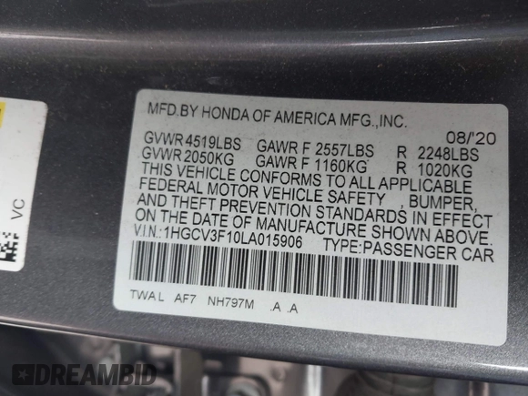 2020 Honda Accord with VIN 1HGCV3F10LA015906, listed as a IAAI auction lot 41895296 with 106,341 mi miles and . Bid and sale history available at DreamBid. Image 9.