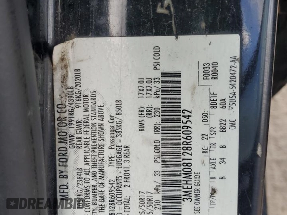 2008 Mercury Milan Premier with VIN 3MEHM08128R609542, listed as a Copart auction lot 43991935 with 0 mi miles and Salvage Title. Bid and sale history available at carsss.com. Image 12.